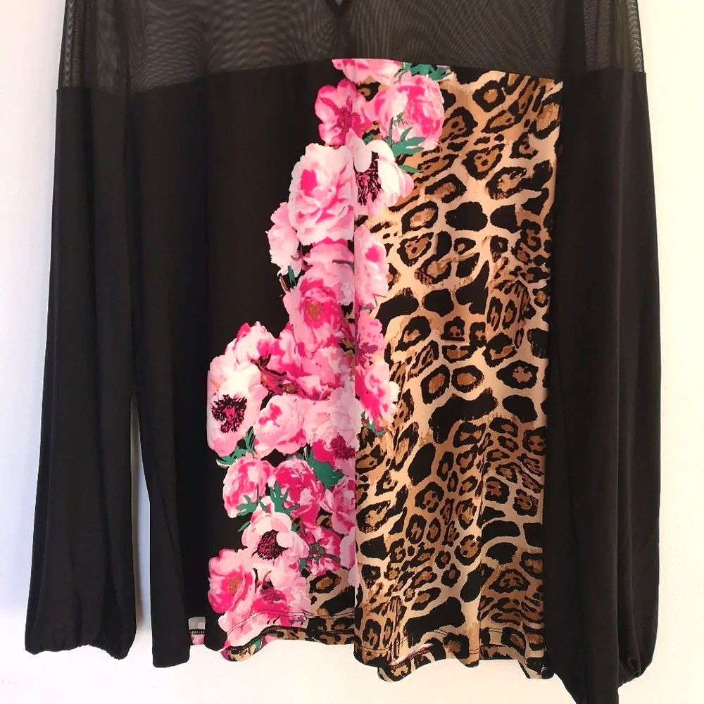 nwt INC International Concept Leopard Flower Top black/multi L