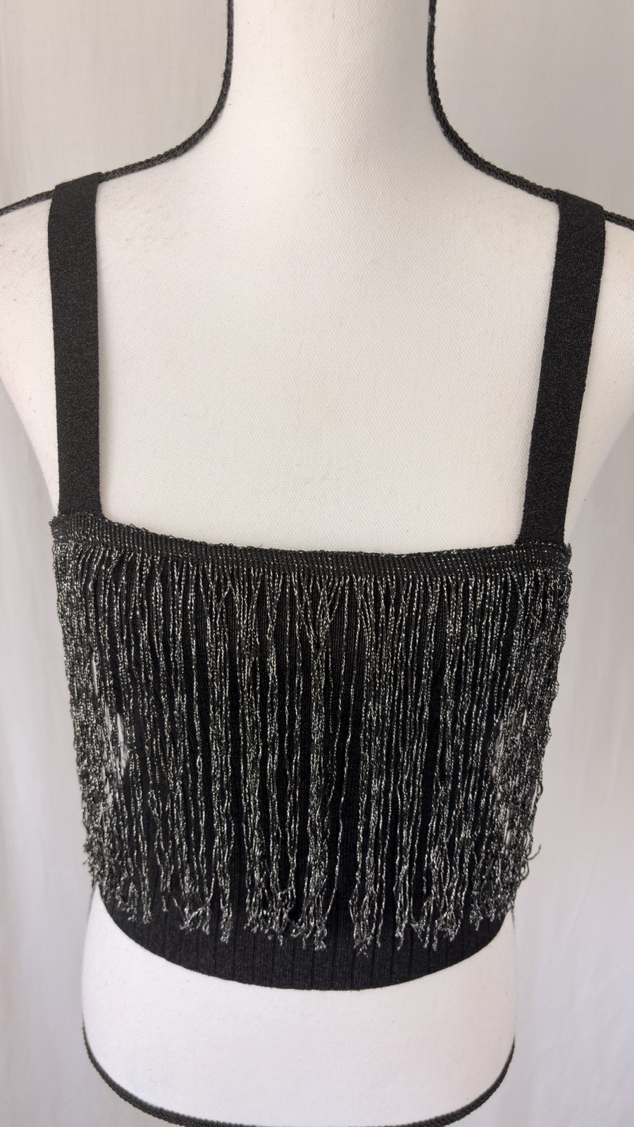 Fab’rik Black Silver Metallic Fringed Crop Ribbed Square Neck Tank Top Sz Medium