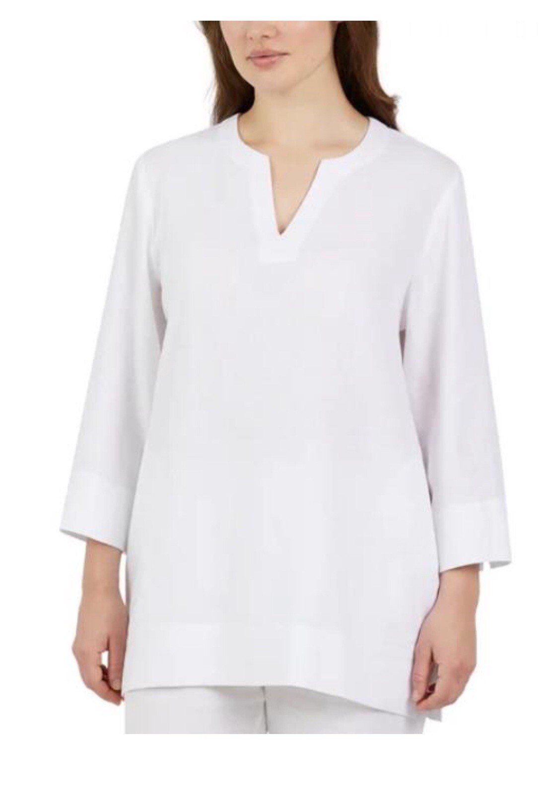 Lands’ End Women’s Spilt Neck 3/4 Sleeve Tunic Blouse, White, Size L NEW