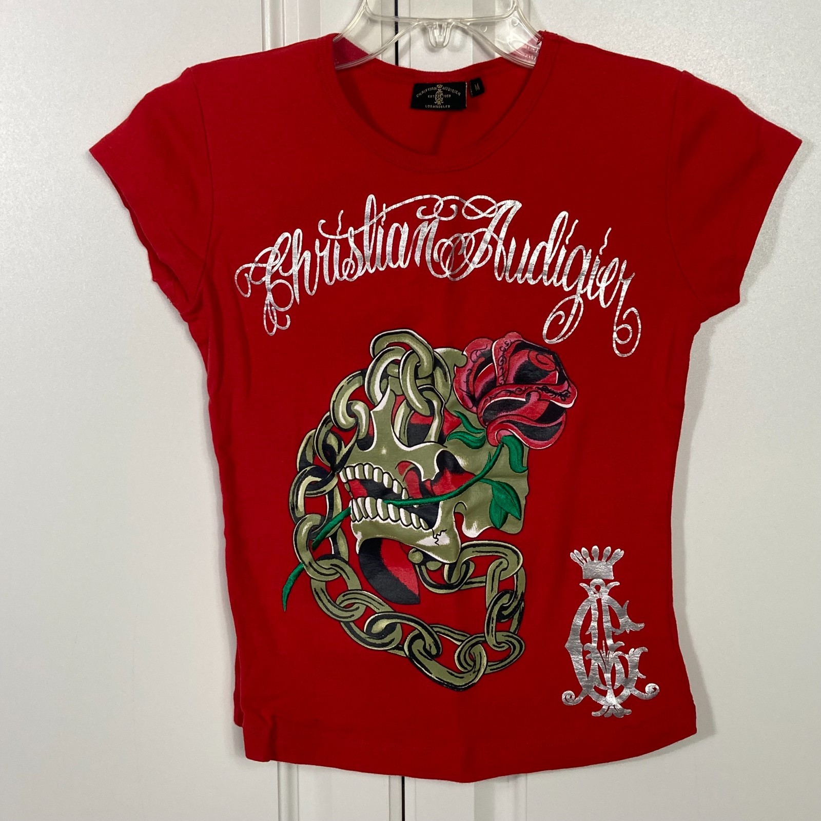 Ed Hardy Christian Audigier Womens Y2K Shirt Sz M Skull Chain Rose Red Embroider