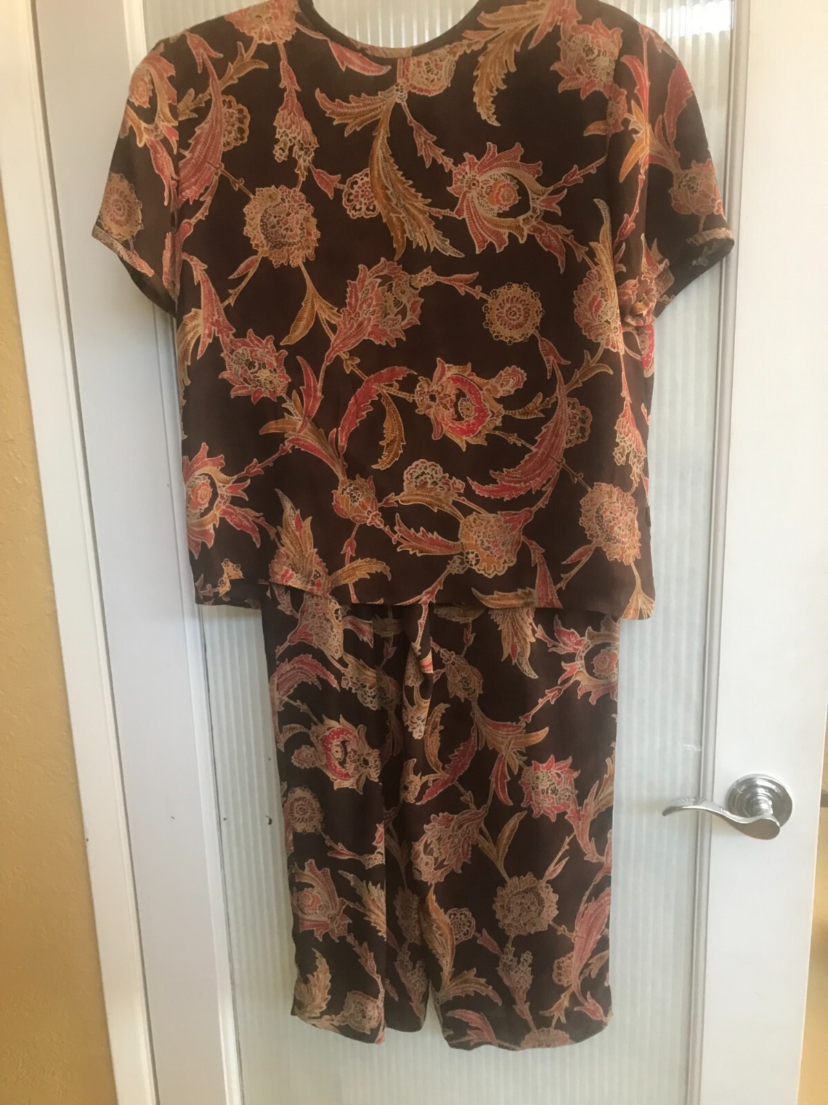 Vintage Ellen Tracy Linda Allard Paisley Silk Shirt Top Blouse Pants Set Petite