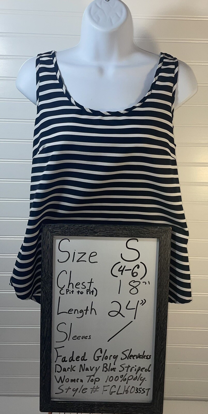 Faded Glory Top Tank Blouse Women Small (4-6) Dark Navy Stripes Scoop Neck Shirt