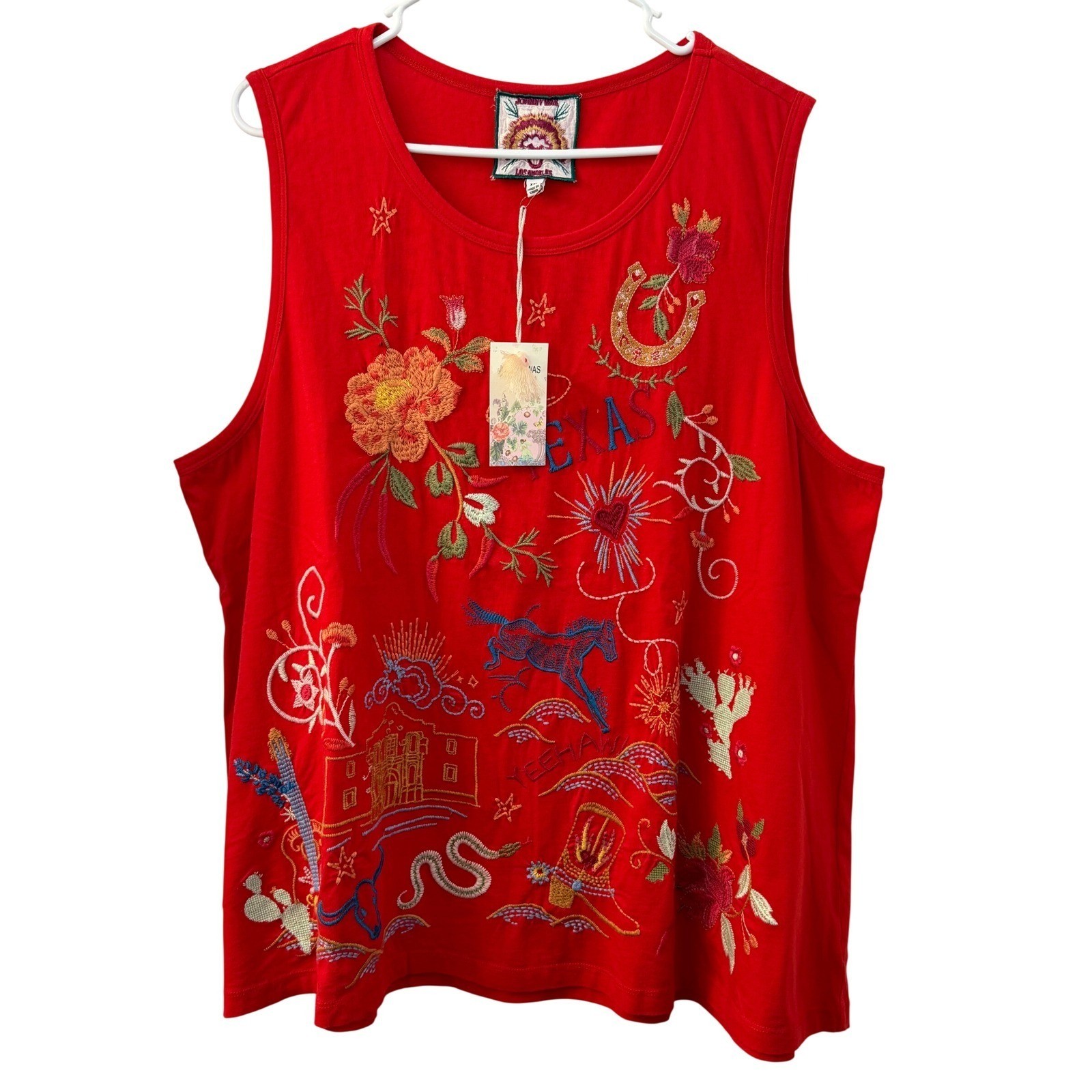 Johnny Was Texas Knit Tank Top Red Embroidered Western Boho XXL R12624-3 NEW
