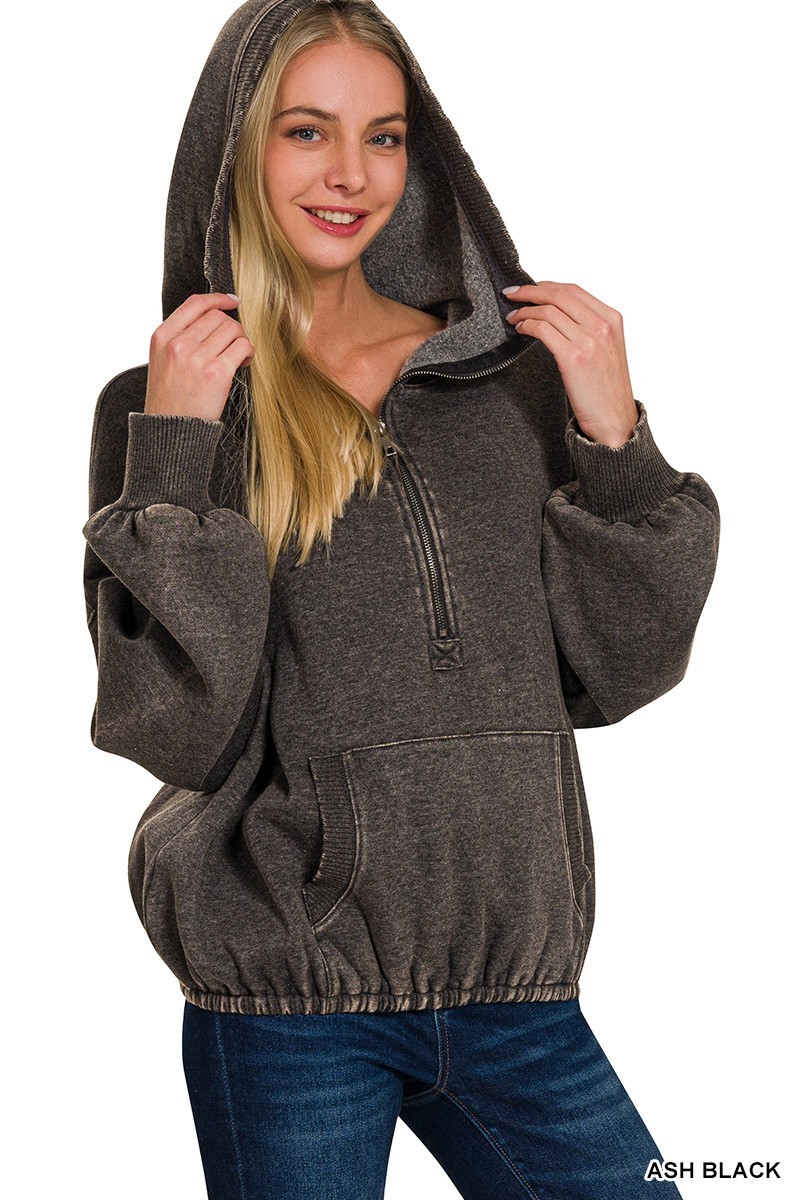 ZENANA EGGPLANT WASHED DRAWSTRING HEM HALF ZIP KANGAROO HOODIE SWEATSHIRT 4559