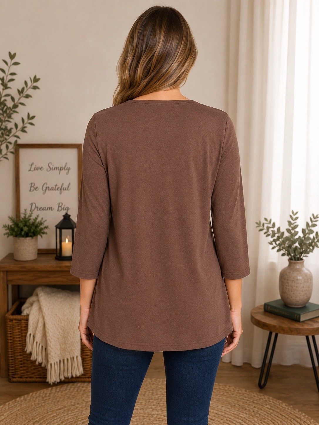OFEEFAN Women’s Medium Light Chocolate Brown Babydoll Tunic Top 3/4 Sleeve Soft