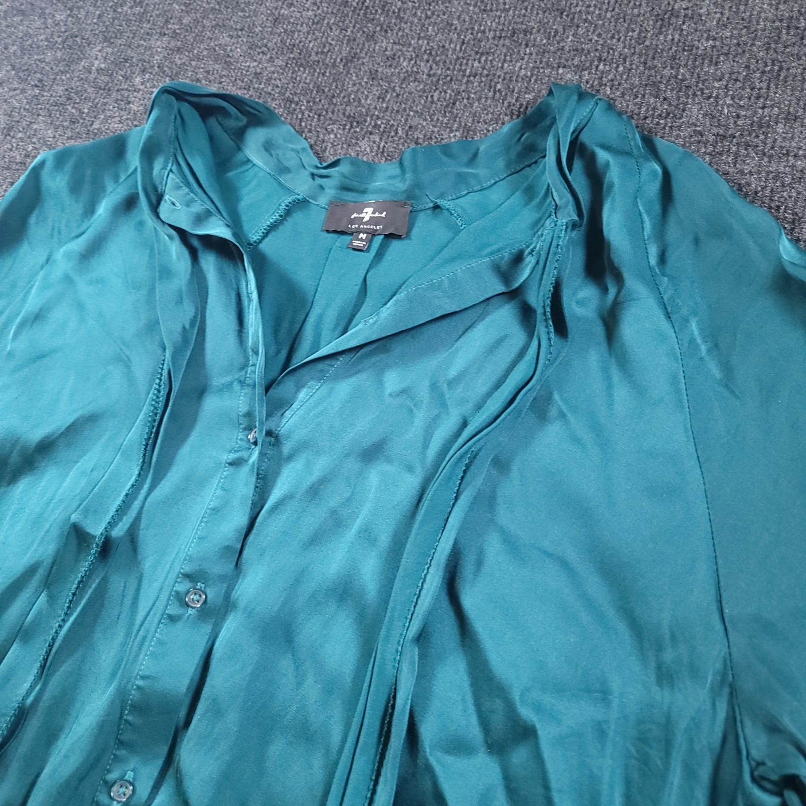 7 For All Mankind Blouse Women’s M Teal Bow Tie Neck Long Sleeve Sheer Top