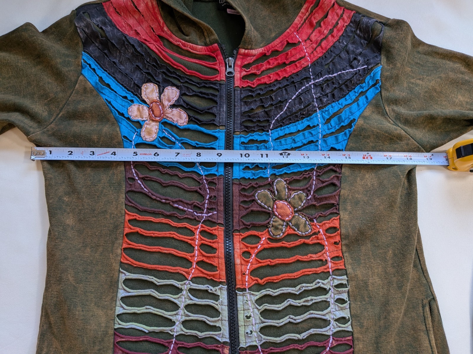 Embroidered Long Hoodie Green Floral Zip Nepal Boho Grunge Artsy Size L *Flaw