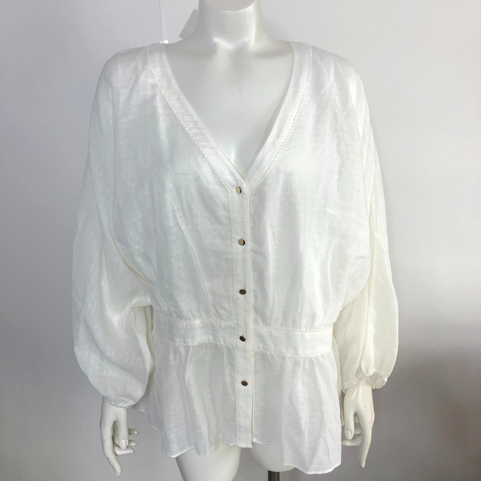 Trina Turk NEW XXL Smocked Button Plaid Check Pullover Button Top Blouse Ivory