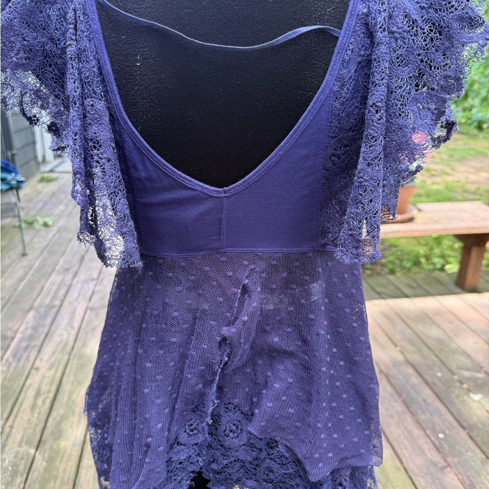 Free People Purple Lace Point Desprit Mixed Media Boho Flutter Sleeve Top XS