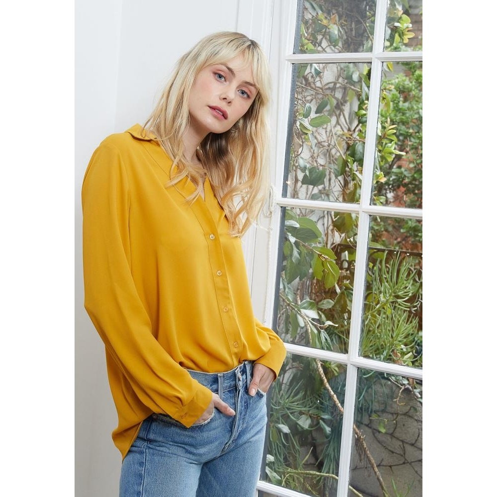 Pleione Womens size 2X V Neck Front Placket Button Down Shirt Blouse Yellow