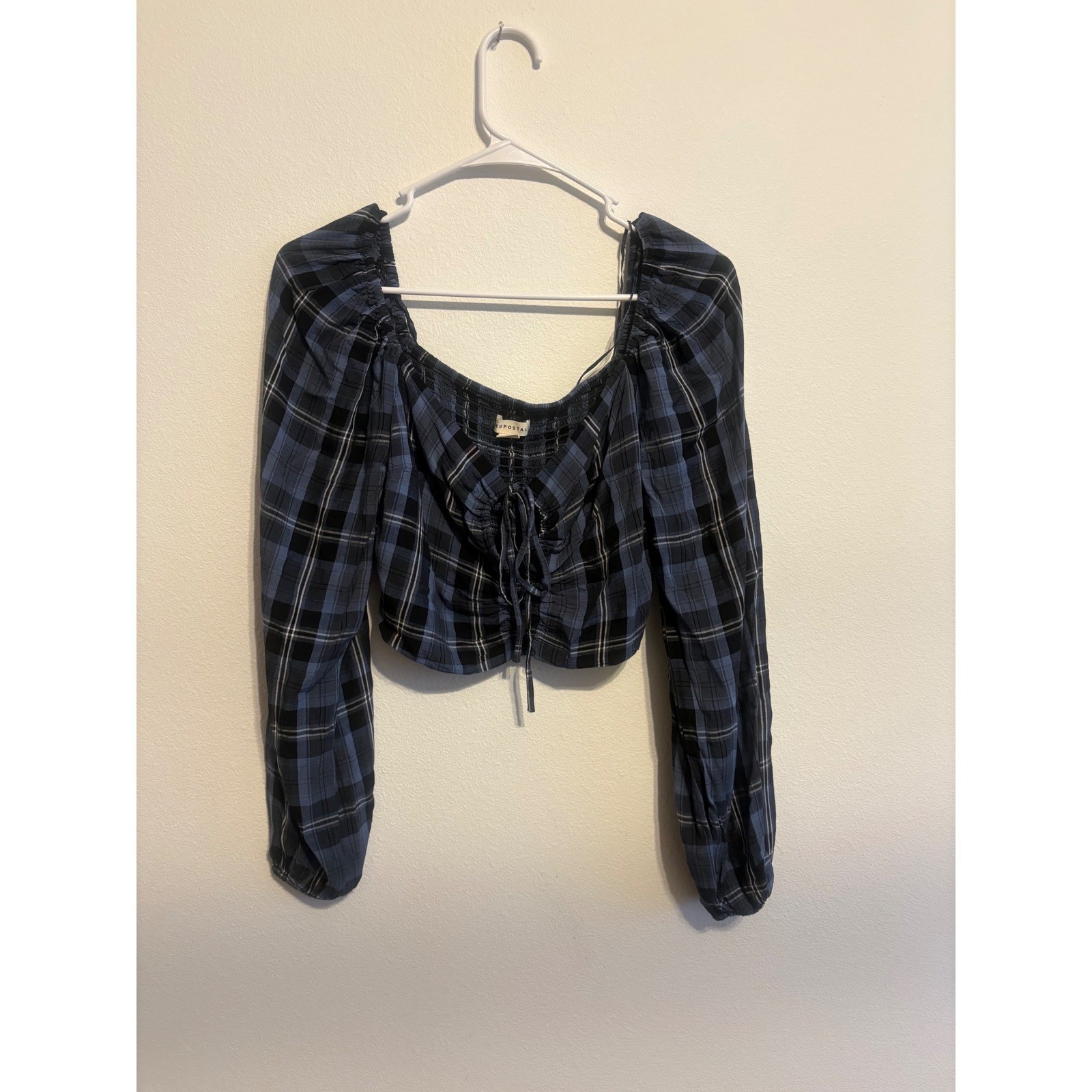 Aeropostale Blue Plaid Long Sleeve Crop Top Smocked Back Ruched Front Small
