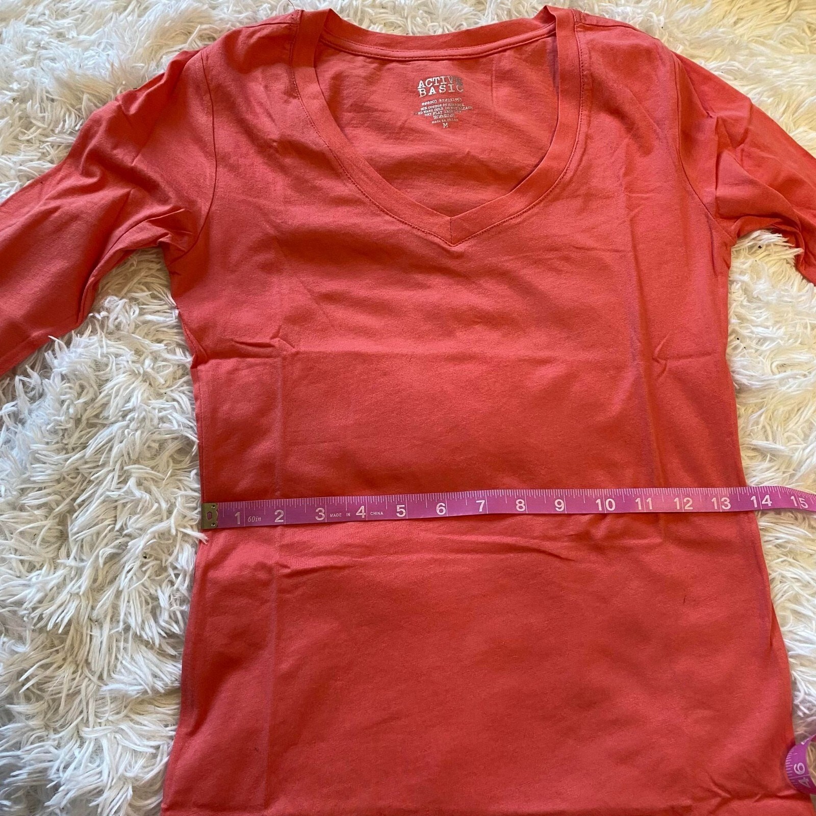 Active Basic V Neck TShirt Long Sleeve Cotton Top Lightweight Peach Medium