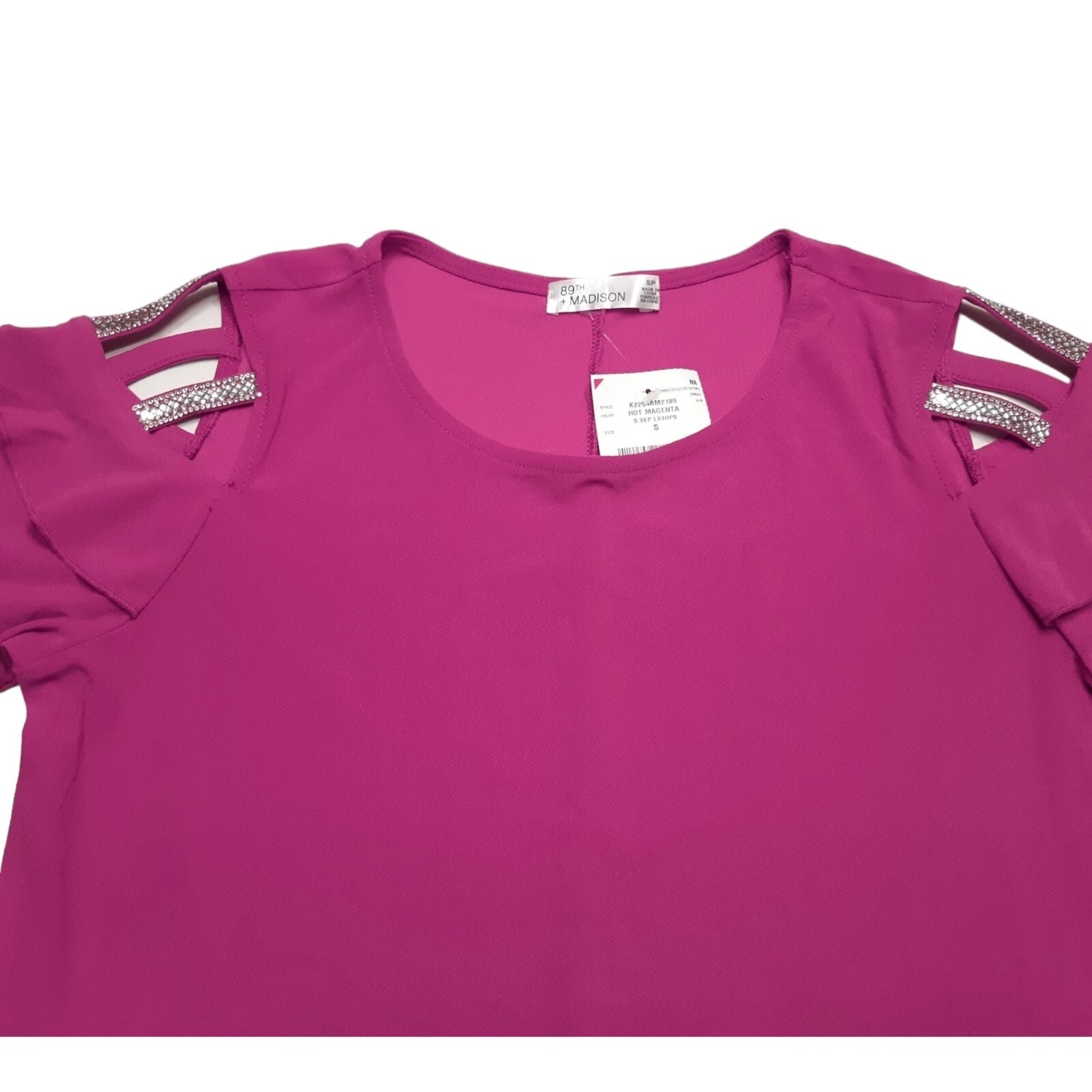 89th Madison Cold Shoulder Blouse Womens Small Hot Magenta Rhinestone Ruffle