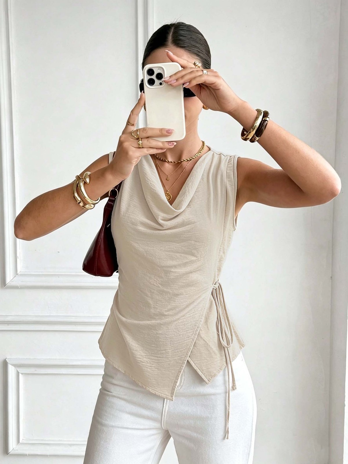 Women Khaki Sleeveless Cowl Neck Ruched Tank Top Casual Shirt S M L XL