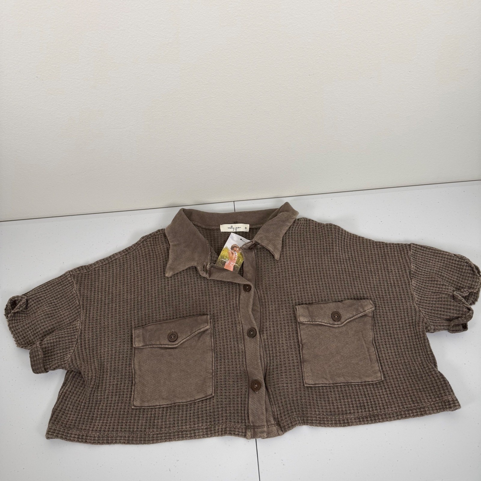 Molly Green Katelyn Shacket Brown Waffle Knit Button Up Crop Top Jacket Medium