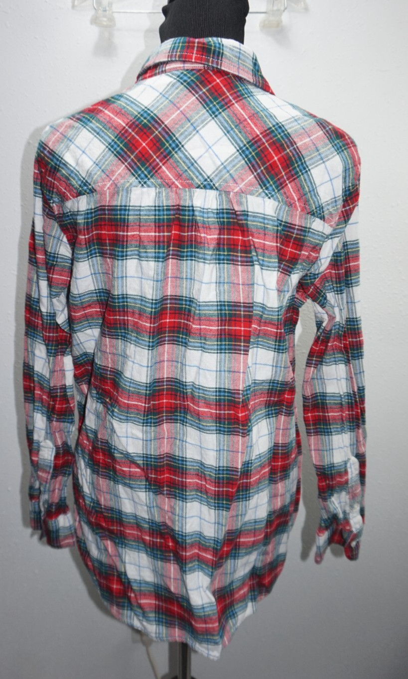 Time and Tru Red Green White Blue Plaid Flannel Shirt Womens Sz S Chest Pocket