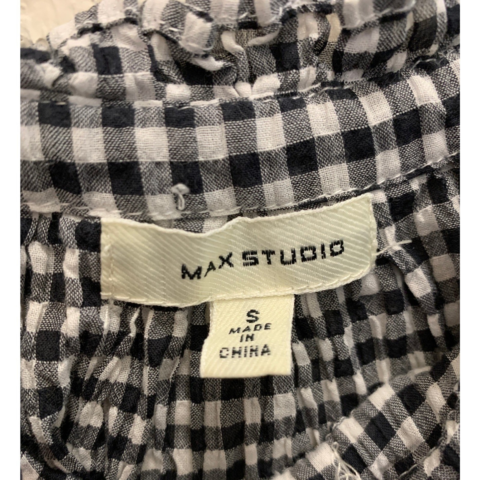Max Studio Womens Small Black White Gingham Off Shoulder Tie Strap Top Cotton