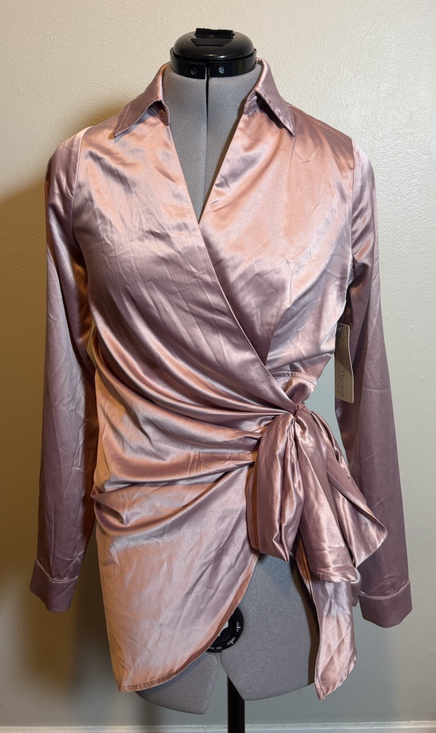 Big Water Blue Sky S Pink Satin Wrap Blouse Tie Front Y2K Chic Romance Ballet
