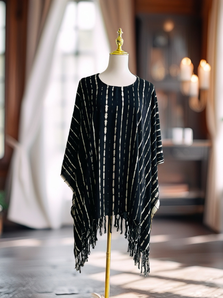 0158/ Tie Dye Rayon Poncho: Boho Beach Cover-Up, Oversized Top, Black Cream