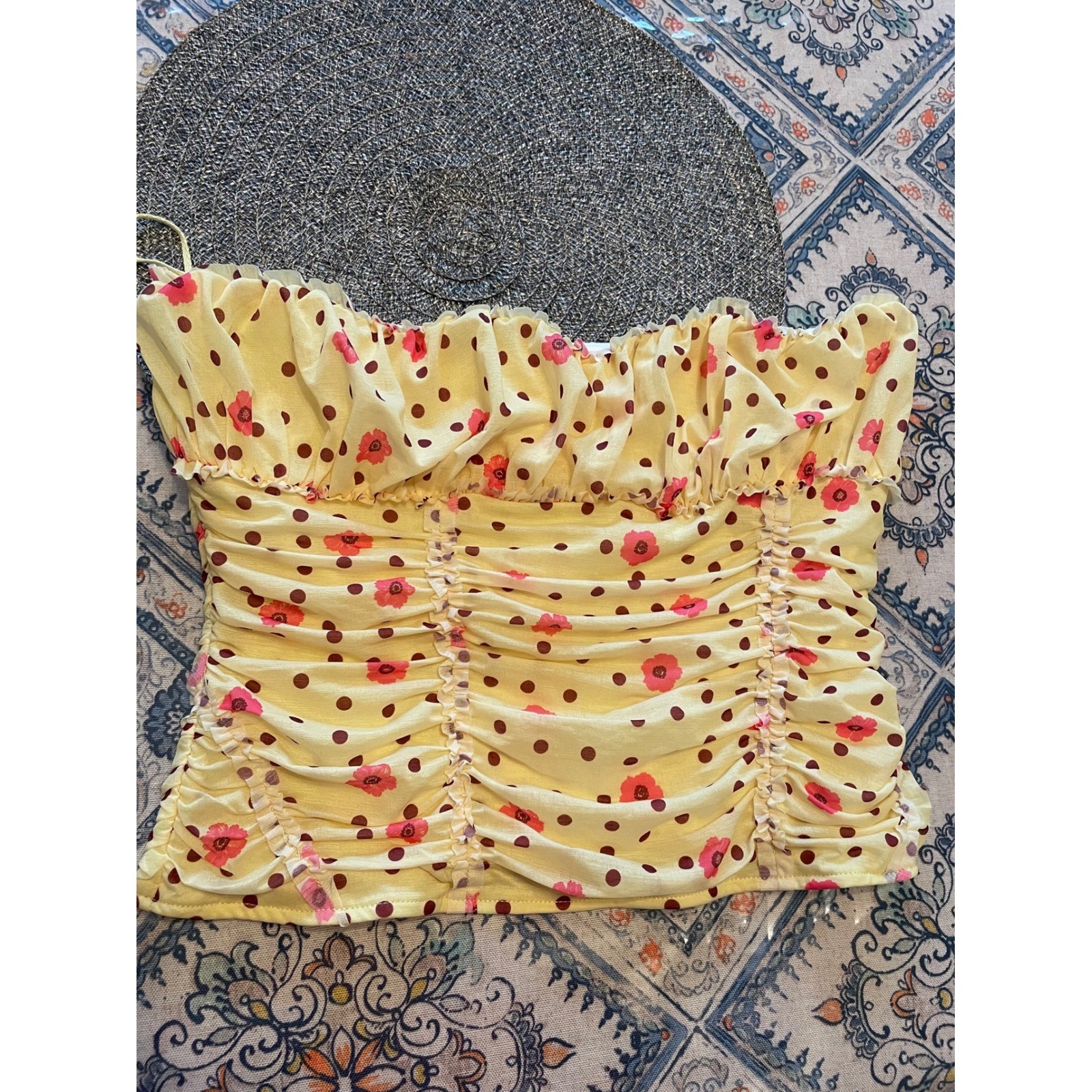 Free People Yellow Floral Polka Dot Smocked Ruched Tube Top Large NWT