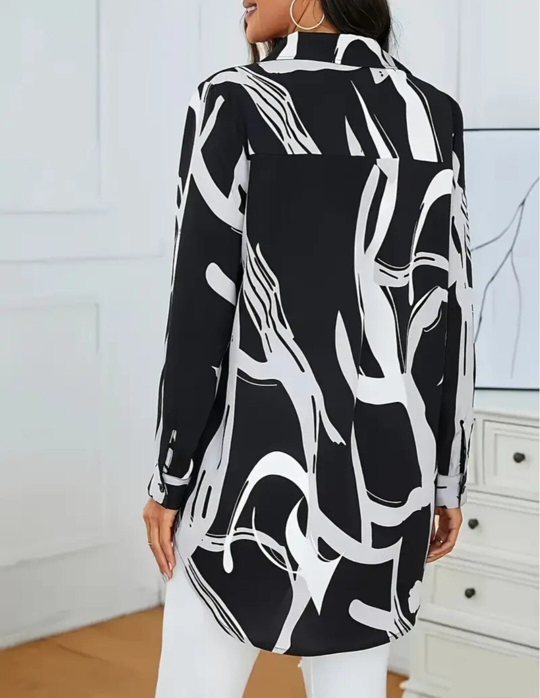 Tunic Shirt Geometric Print Women’s Plus Long Sleeved Casual Size Choice Buttons