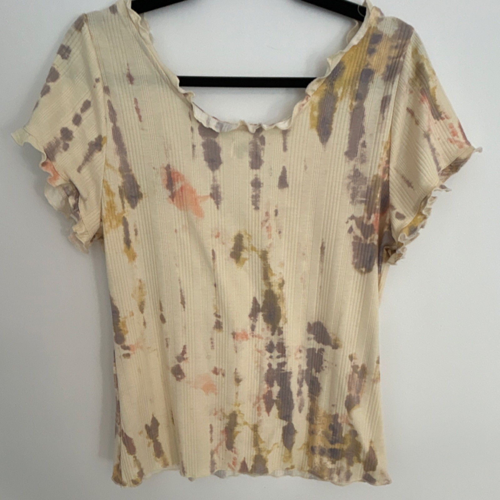 TRUE CRAFT Tie-Dye Knit Ruffle Sleeve V-Neck Blouse 0X Rayon Blend Women’s