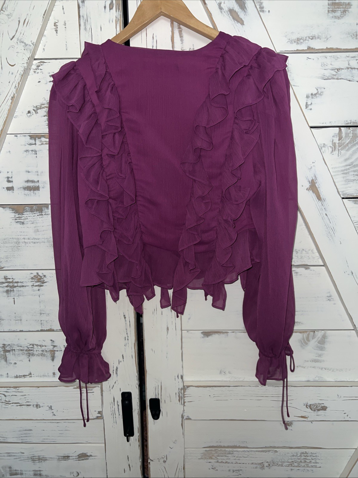 Endless Rose Shirt Fuschia Pink Tie Front V Neck Ruffle Bell Slv Sheer Sz L NWOT
