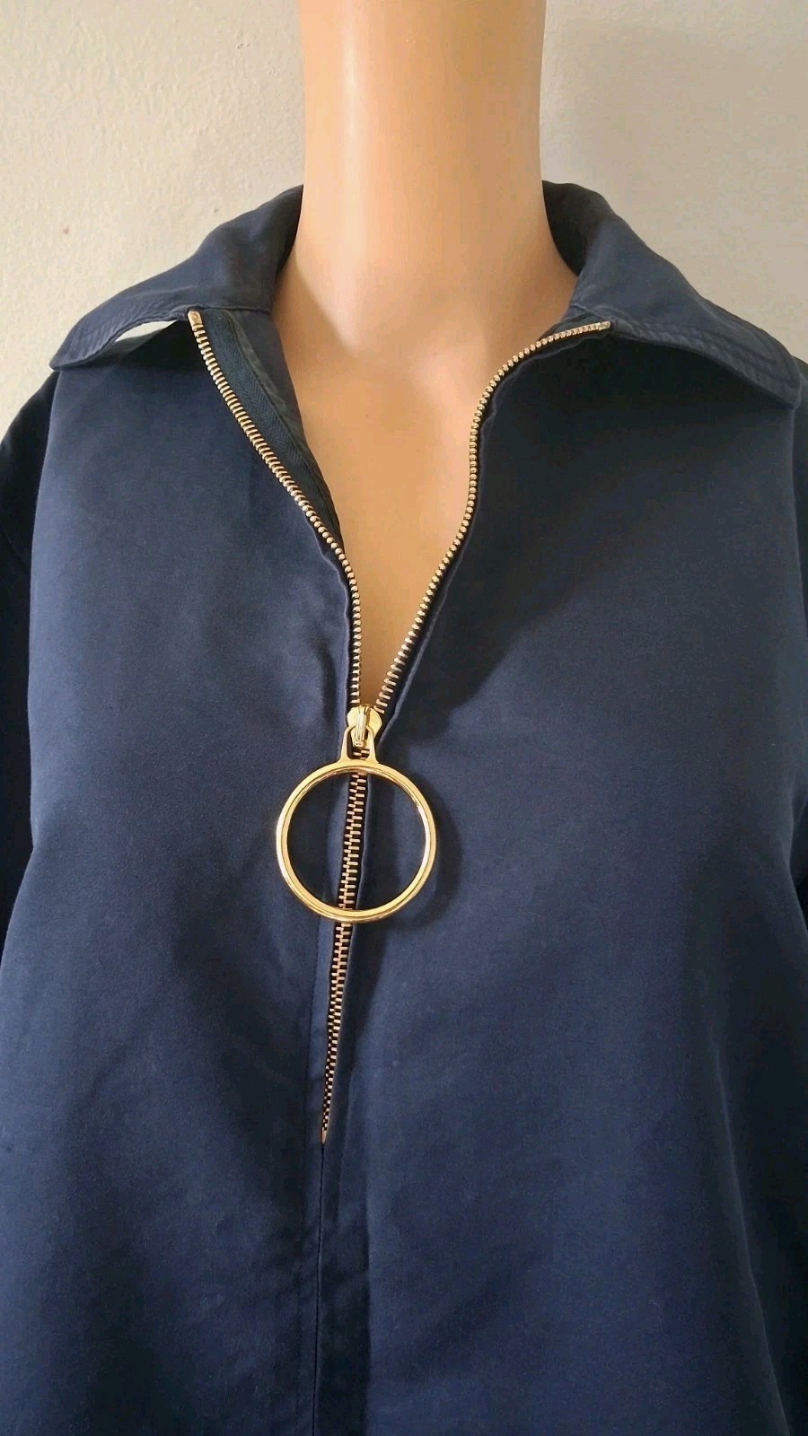 Celine Paris Vintage Navy Blue Short Sleeve Zip Shirt Blouse Gold Ring Pull 38