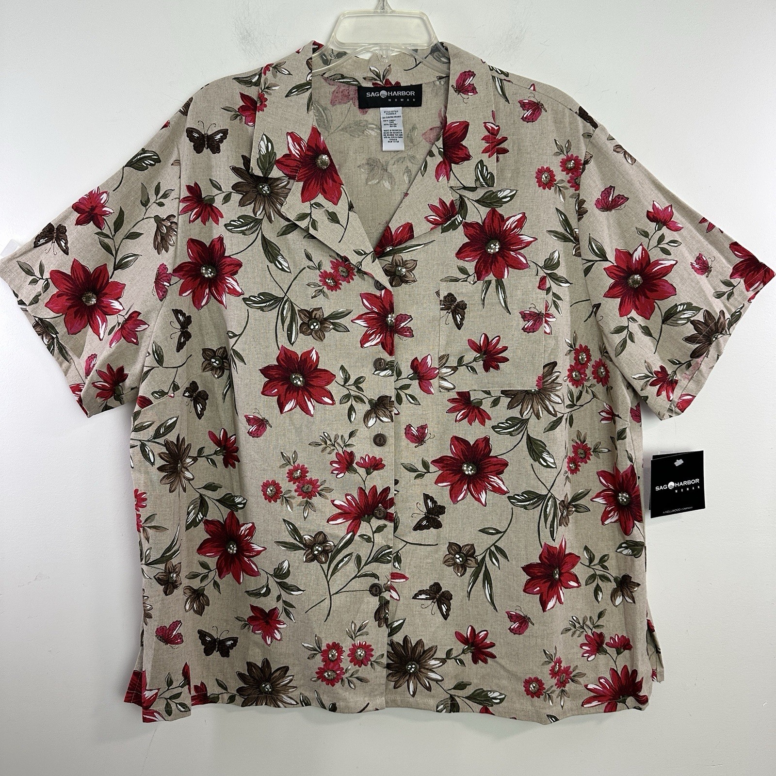 Sag Harbour Button Up Womens 2X Floral Linen Blend Cottage Country Relaxed NWT