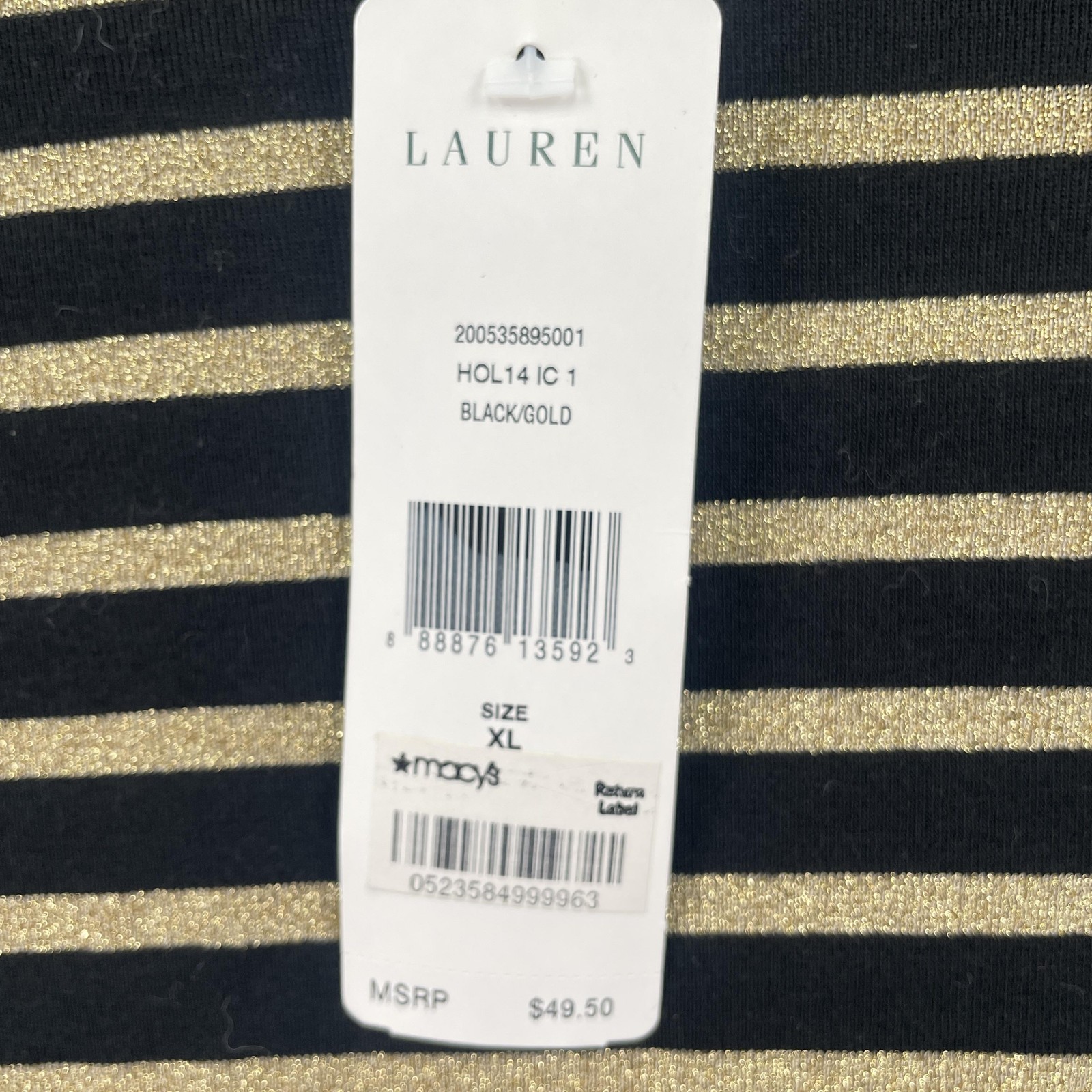 Lauren Ralph Lauren Shirt Womens XL Black Gold Striped Long Sleeve Metallic Top