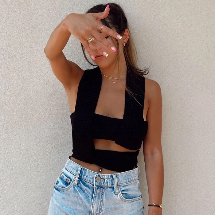 Women’s Hidden Brand MULTI-WAY BANDAGE Wrap TIE STRAP CROPPED KNIT TOP 2 Colors