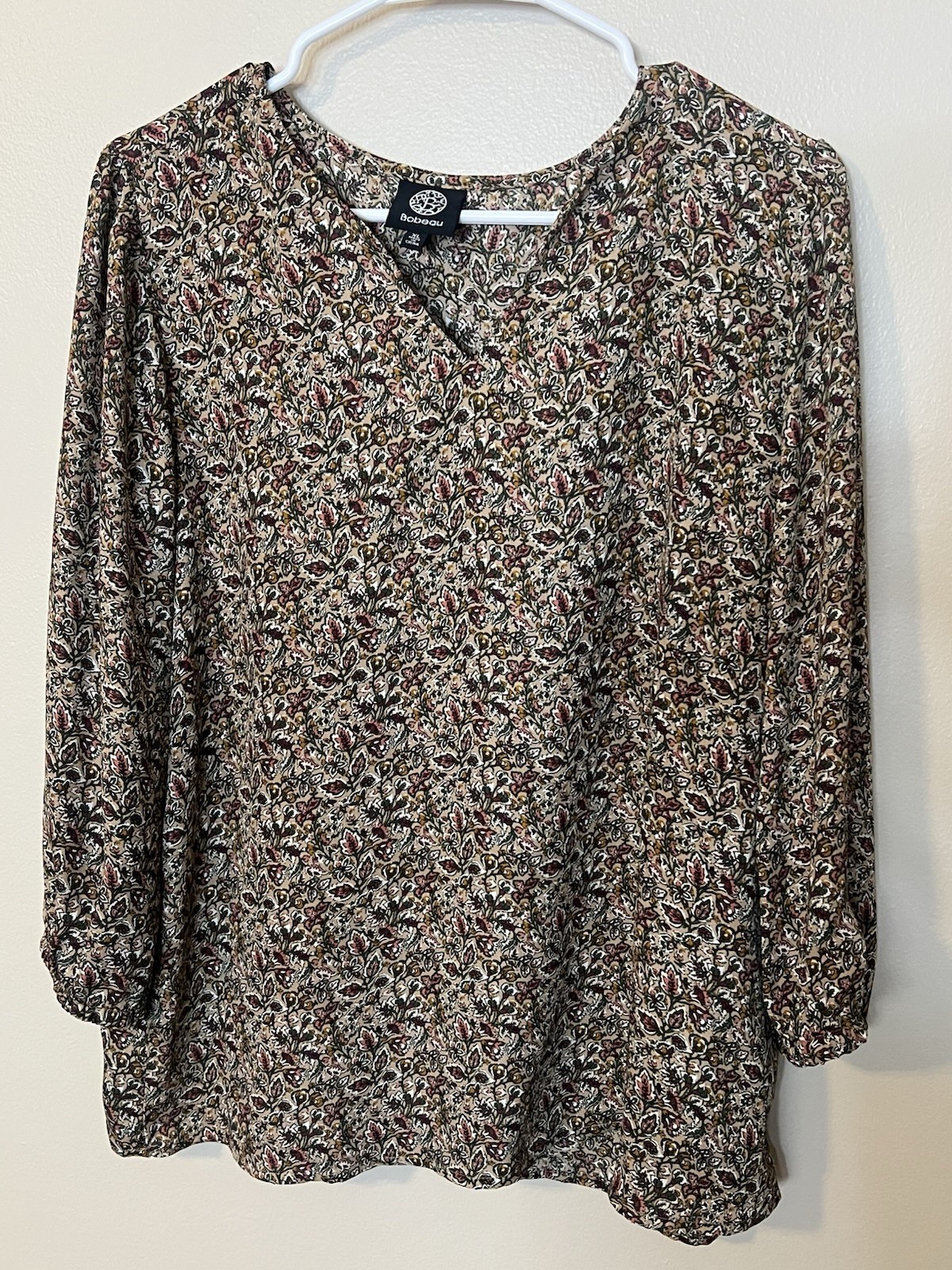 Bobeau Long Sleeve Delicate Paisley Floral Print Blouse In Neutral Tones