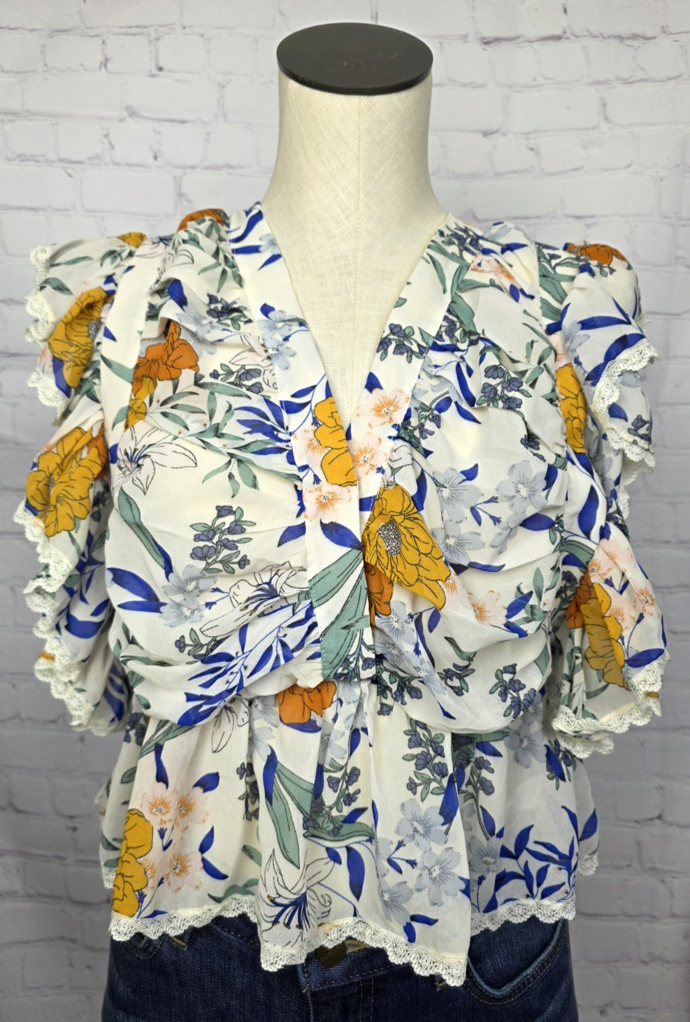 Bae Vely Blouse Floral Lace Ruffles Back Tie Fairy Boho Coquette Cottagecore S