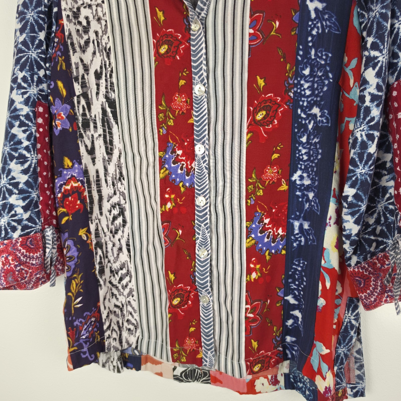 John Mark Patchwork Print Button Front Tunic Blouse Women’s S Boho Artsy Shirt