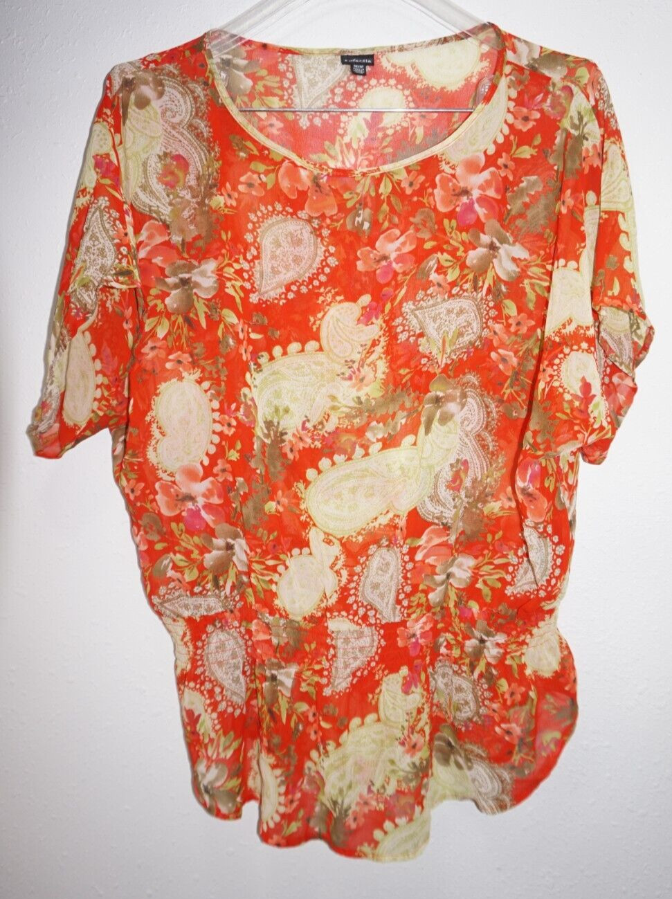 Rafaella Semi Sheer Elastic Waist Blouson Shirt Top Womens Sz M Dolman Sleeve