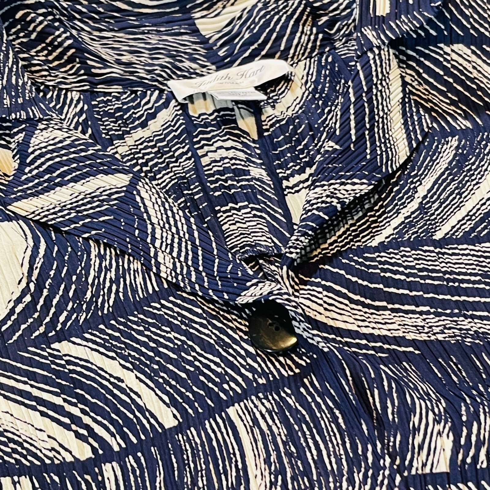 Judith Hart Pleated Navy Blue Abstract Button Up Blouse Plus Size 1X