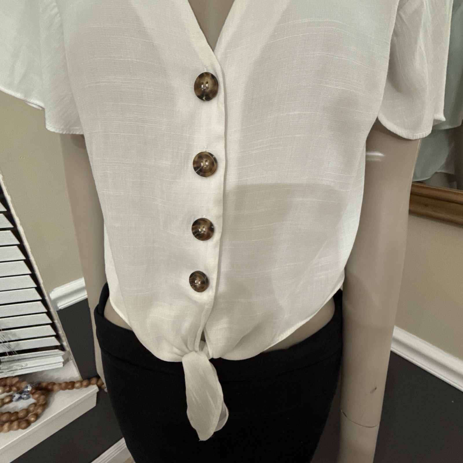 White Button Up Tie Twist Blouse Small