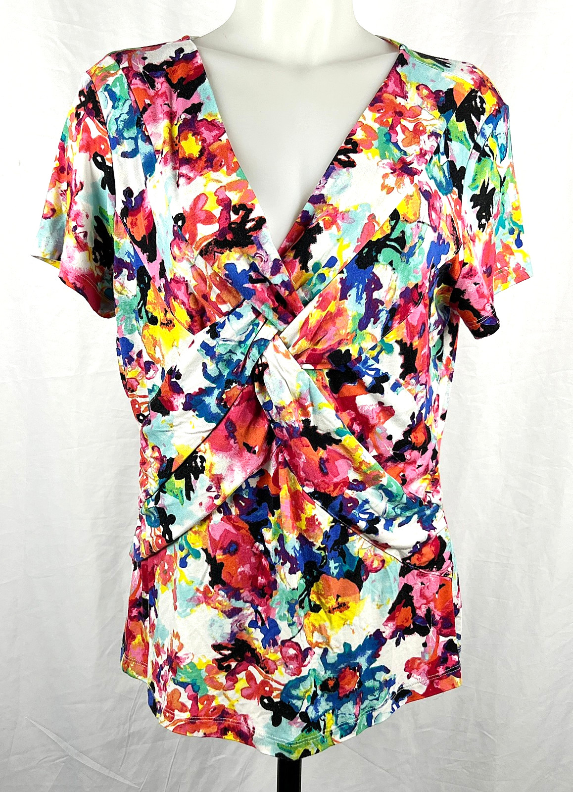 Cable & Gauge Bright Multicolor Abstract Floral Twist-Front S/S Viscose Shirt XL