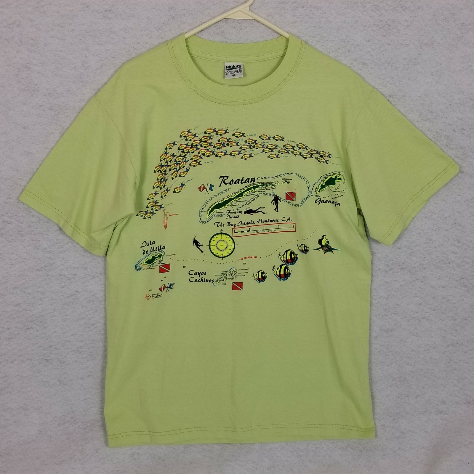 ABDUL’S SPORTSWEAR Roaton Honduras Fish Divers Diving Map T-Shirt ~ Green Medium