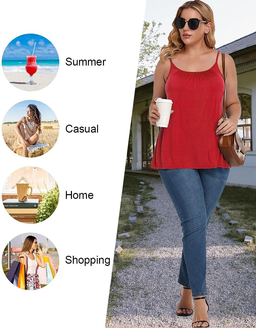 Womens Summer Camisole with Built in Bra Flowy Tank Top Loose Fit Padded Cami
