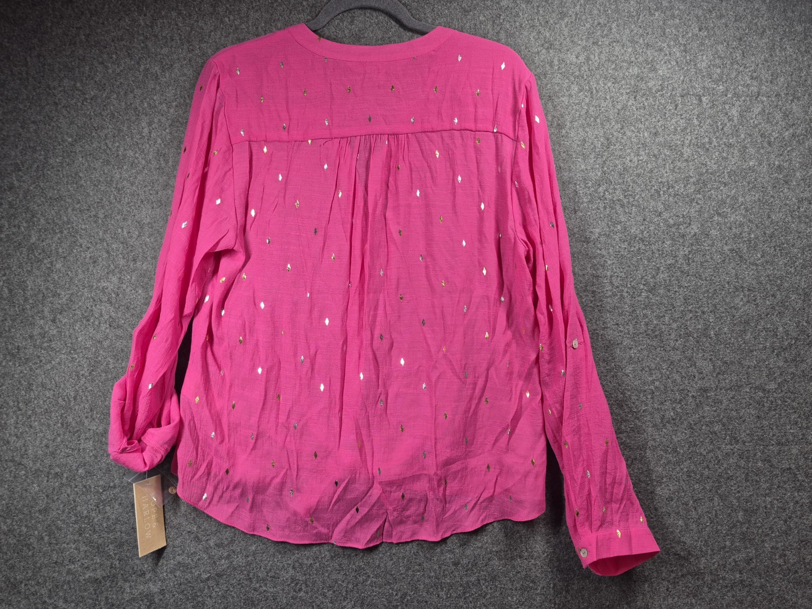 Hope & Harlow Women’s Pink modern unique Button Tie Front roll slv Top L 176-5