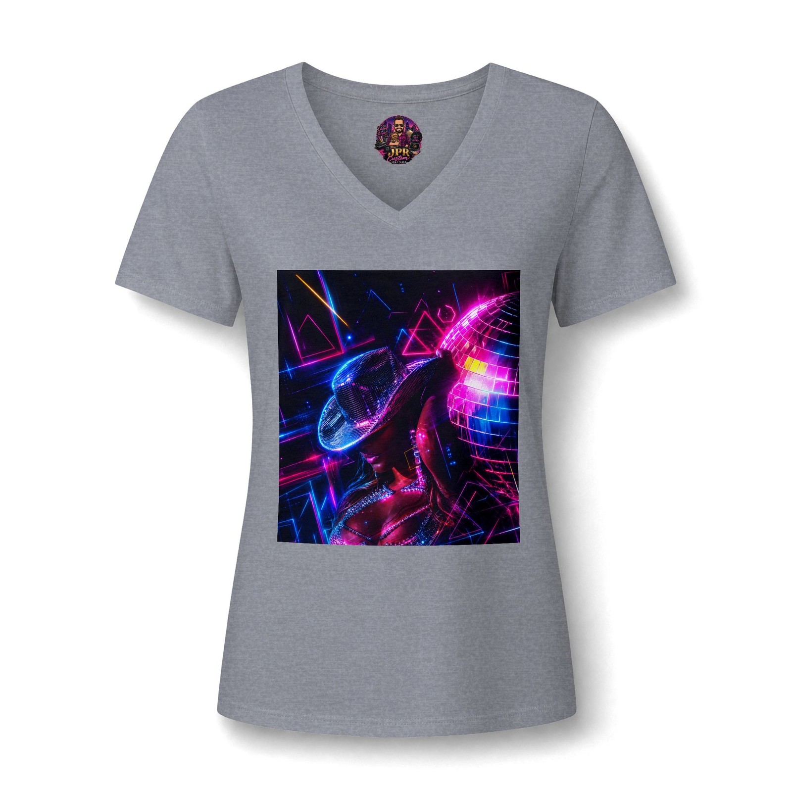 Retro Neon Disco Cowboy Graphic V-Neck Tee Synthwave Space Cowgirl