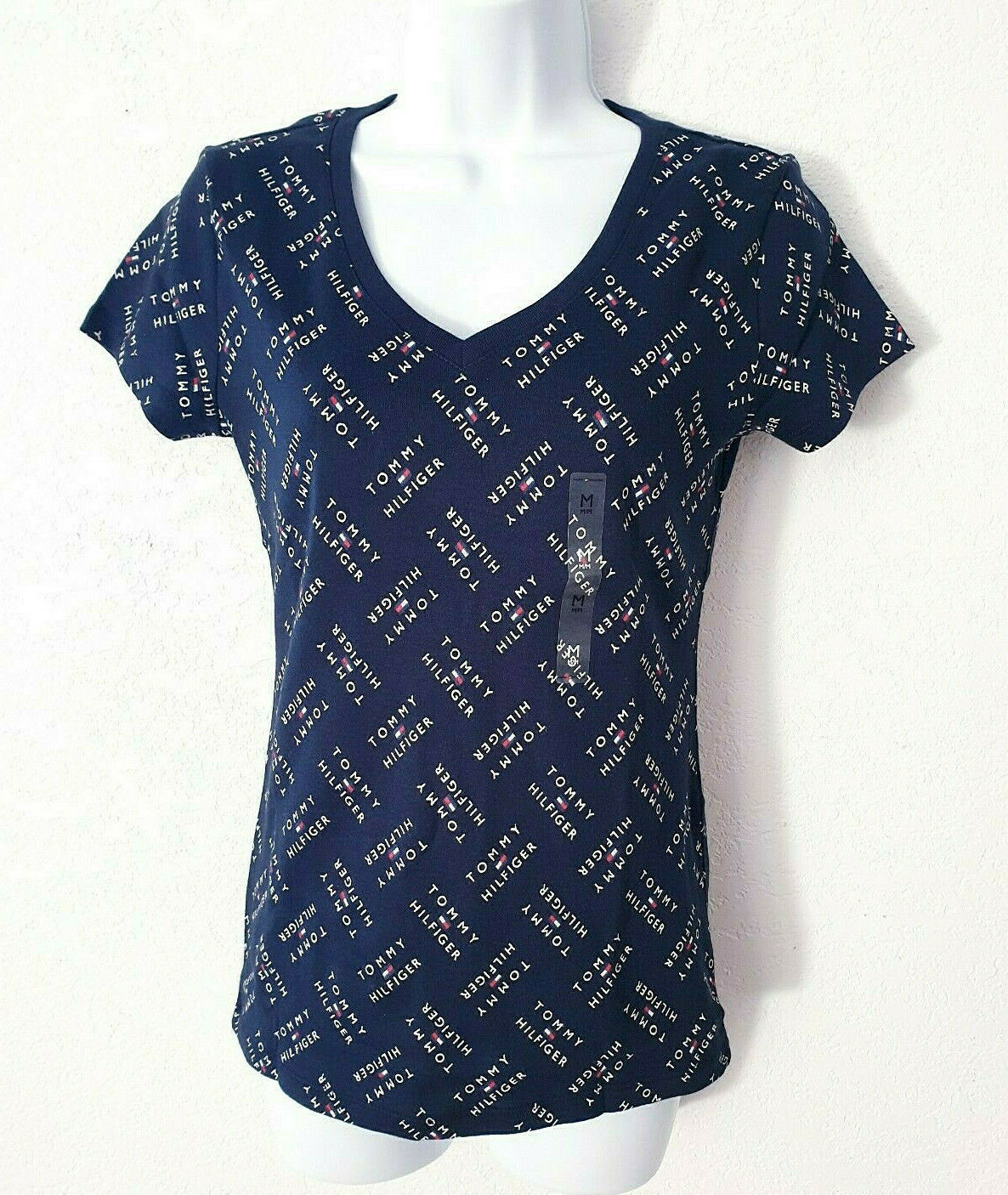 TOMMY HILFIGER V-neck t-shirt Flag logo womens Size S M L XL 2XL Black Red Navy
