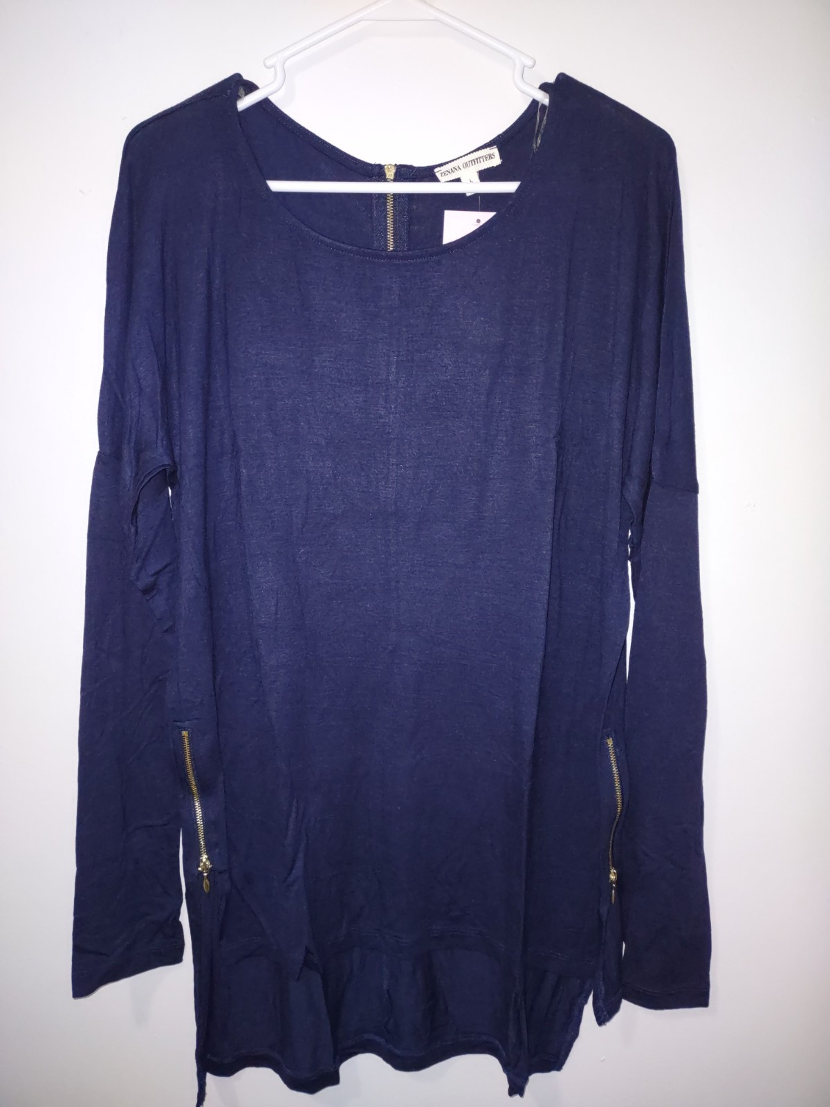 Zenana Outfitters Long Sleeve Tunic Navy Knit Round Hem Relaxed Women’s Size L