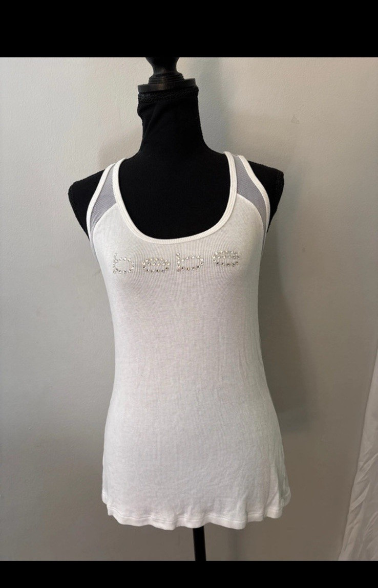 Bebe Women’s White Ribbed Knit Rhinestone Logo Racerback Tank Top Scoop Neck L