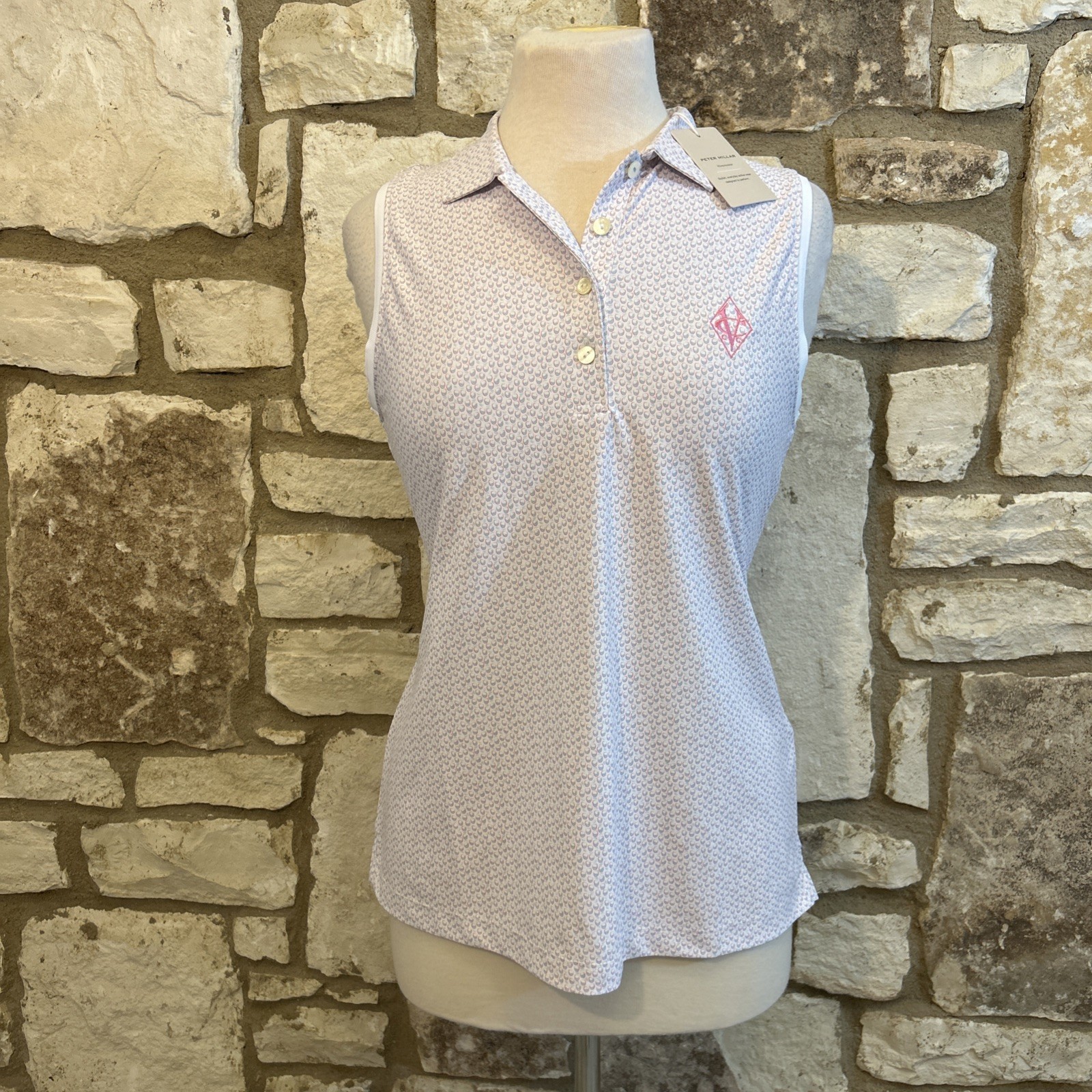 Peter Millar Women’s Sz M Polo Sleeveless Shirt Logo White Pattern Golf NWT $90