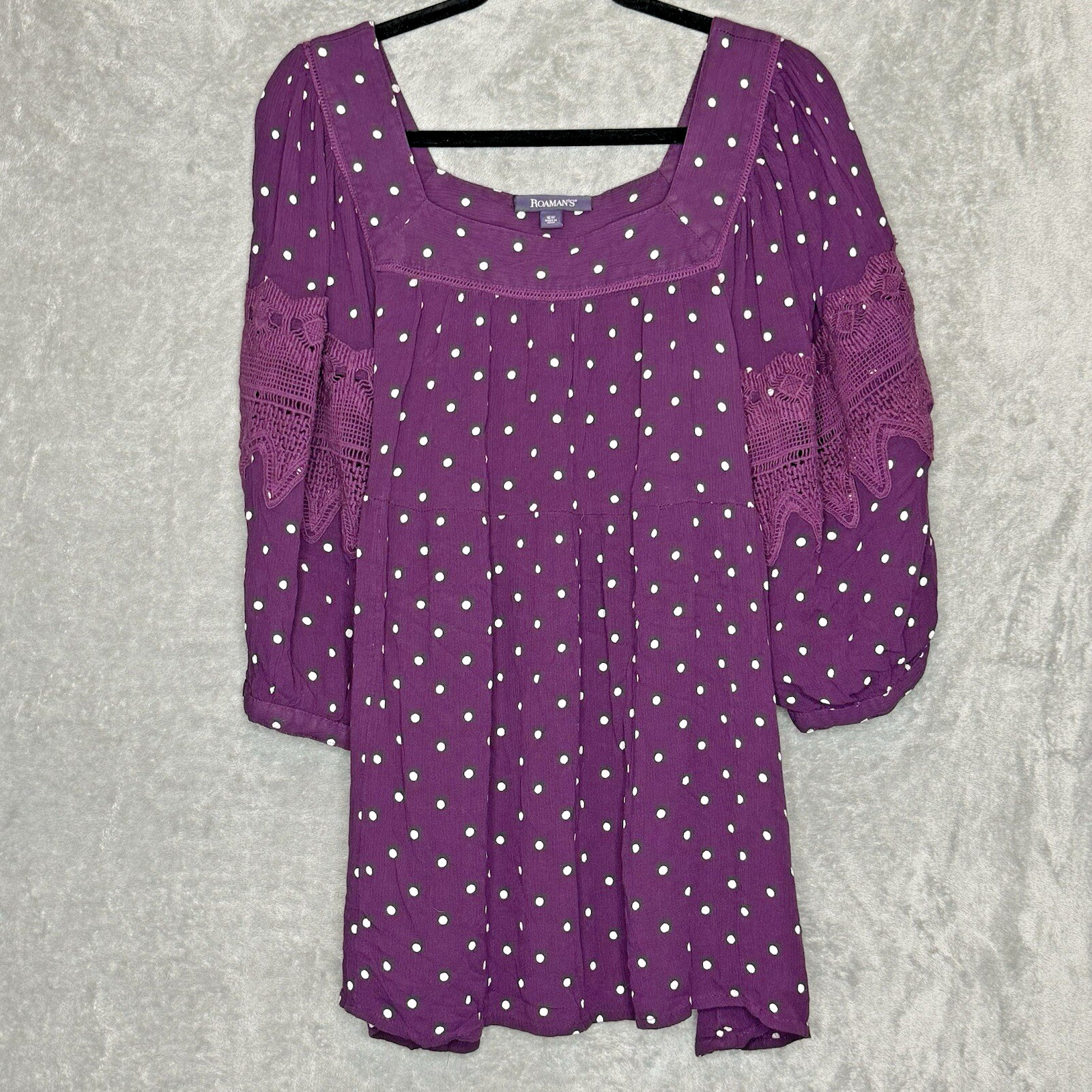 Roamans Womens Top Blouse 16W 1X Purple Polka Dot Puff Short Sleeve Square Neck