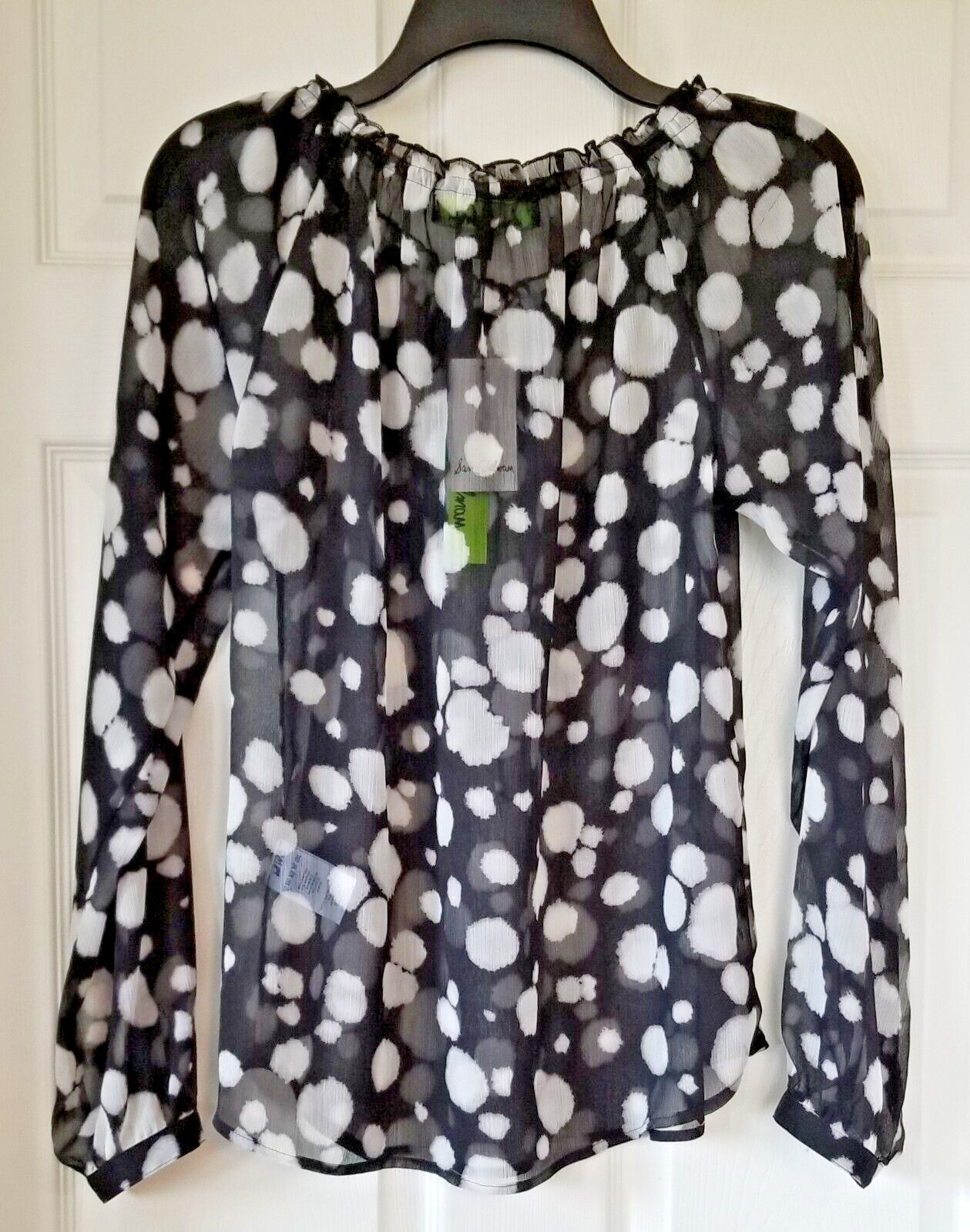 SAM EDELMAN Black & Ivory Spotted Blouse Tie Neck Long Sleeves Sheer Size M NWT