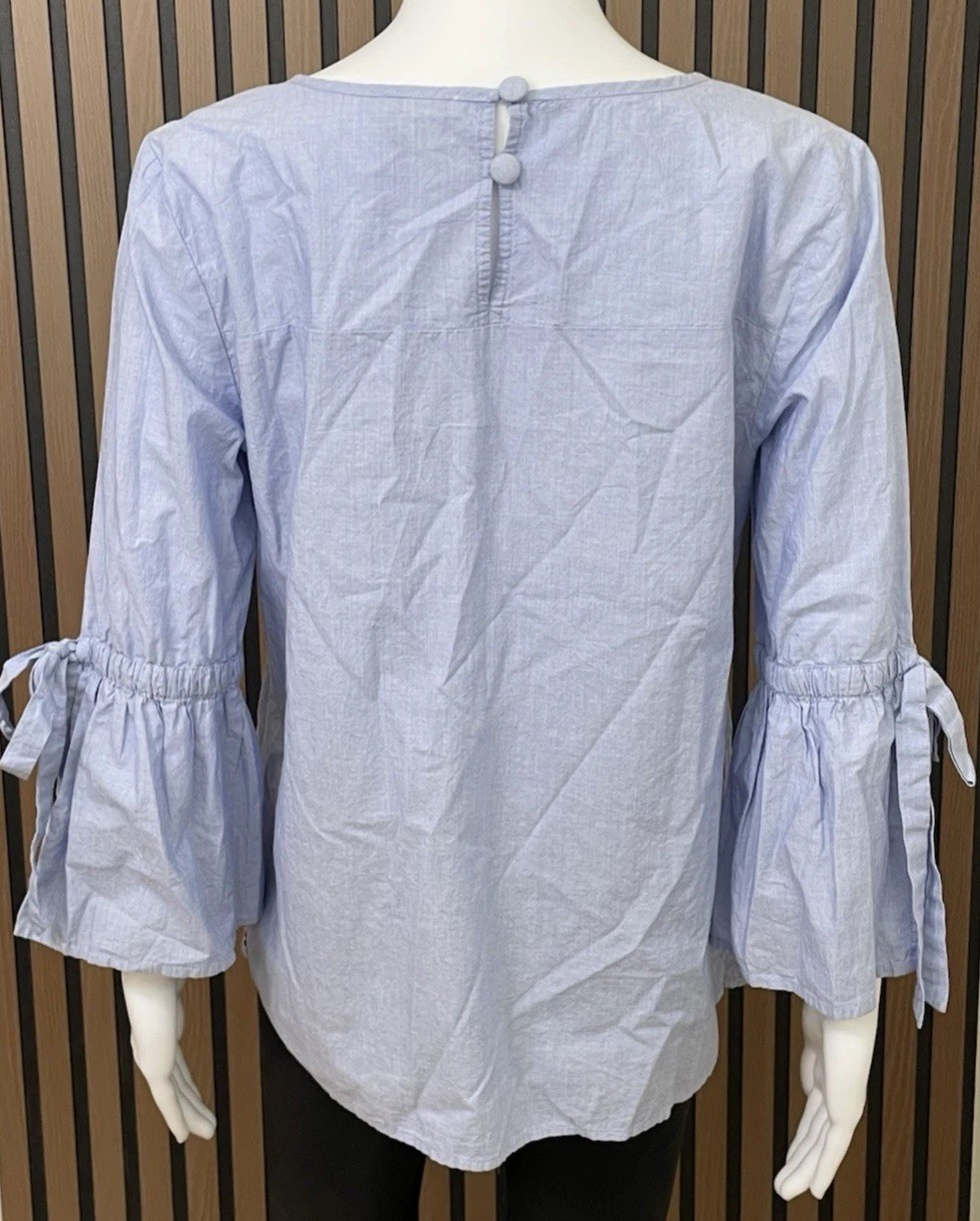 J.Crew Women’s M Blue 100% Cotton Bell Sleeve Tie Cuff Blouse Top Button Back