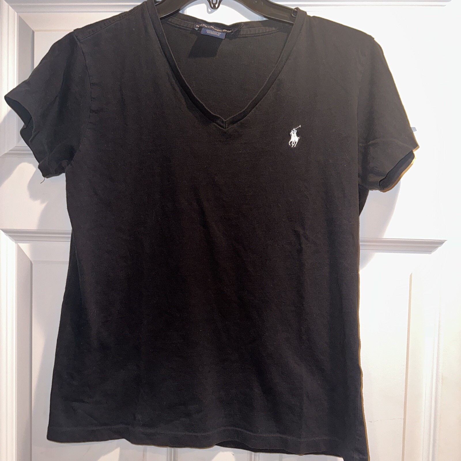 Ralph Lauren Sport Shirt Women’s Medium Black White Pony Short Sleeve V Neck